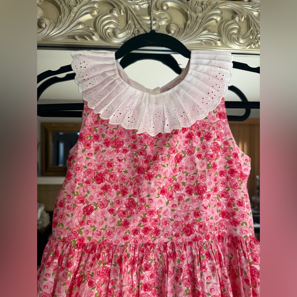 Trotters London Confiture 100% cotton floral pink crochet collar dress girl 10